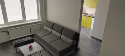 a living room with a couch and a table at Kalniečiai park apartment in Kaunas