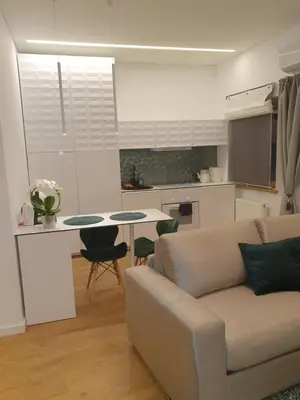 a living room with a couch and a table at Smaragdo apartamentai in Kaunas