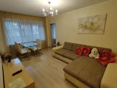a living room with a couch and a table at Jaukus butukas in Druskininkai