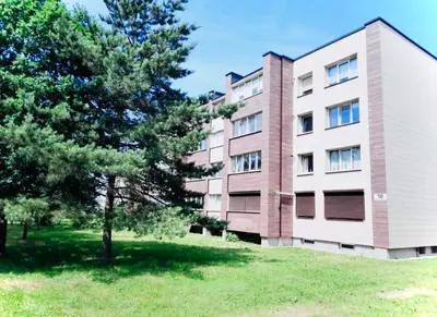 an apartment building with a tree in front of it at M&M Apartment I SELF CHECK-IN near Panevezys in Velžys
