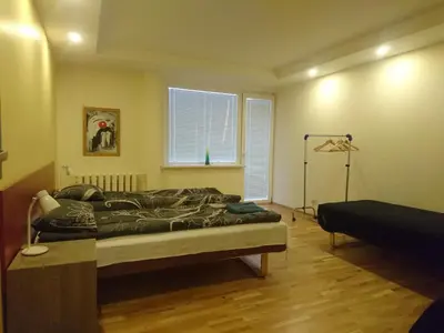 a bedroom with a bed and a window at Anyksciai nakvyne in Anykščiai