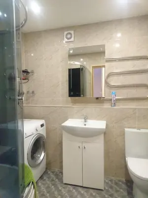 a bathroom with a sink and a washing machine at Anyksciai nakvyne in Anykščiai