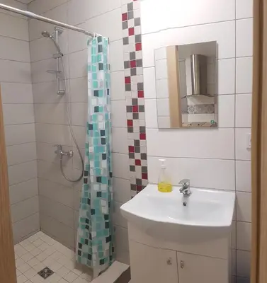 a bathroom with a sink and a shower at Studio by the Lake Kaunas in Kaunas