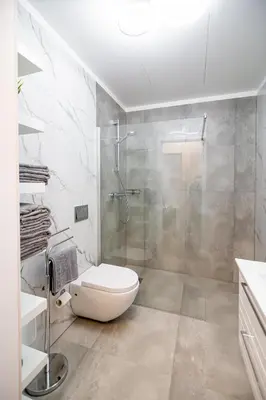 a bathroom with a toilet and a glass shower at Owls Hill Apartment in Kaunas