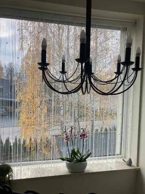 a chandelier hanging over a window with a vase of flowers at Druskininkų Šlaitas in Druskininkai