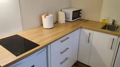a kitchen with a counter top with a microwave at Bitenu Studio in Vilnius