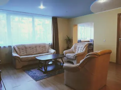 a living room with two couches and a table at Irene apartments in Druskininkai