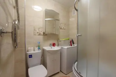 a bathroom with a toilet and a sink and a shower at Sondeckio Apartment in Šiauliai