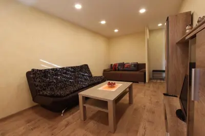 a living room with a couch and a table at Sondeckio Apartment in Šiauliai