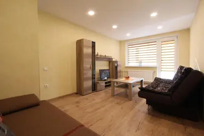 a living room with a couch and a table at Sondeckio Apartment in Šiauliai