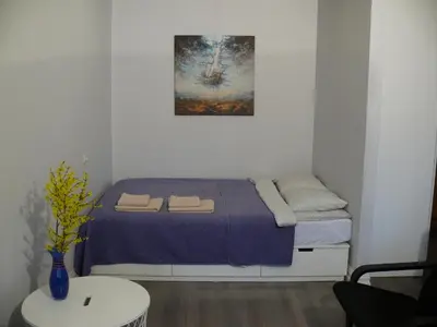 a small bedroom with a bed with a purple bedspread at Alytus Ziburio studio in Alytus