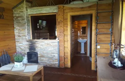 a porch of a log cabin with a fireplace at Viva Trakai in Trakai