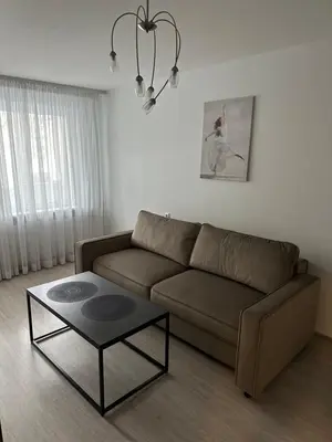 a living room with a couch and a coffee table at Parko apartamentai in Panevėžys