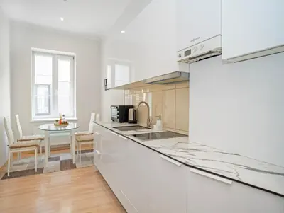 a kitchen with a counter top and a table at Kaunas Castle Apartments - One bedroom flat in Kaunas