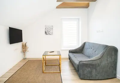 a living room with a couch and a table at Kaunas Castle Apartments - Studio in Kaunas