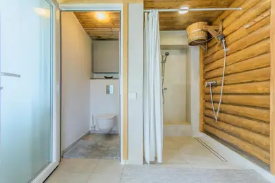 a bathroom with a shower and a toilet at Bedugnės pirtelė - Cosy Sauna House in Vilnius