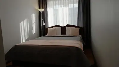 a bedroom with a large bed with a window at Dange apartment in Šiauliai