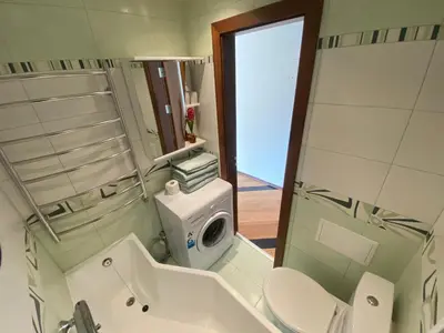 a small bathroom with a toilet and a sink at Dange apartment in Šiauliai