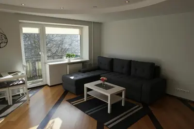 a living room with a black couch and a table at Dange apartment in Šiauliai