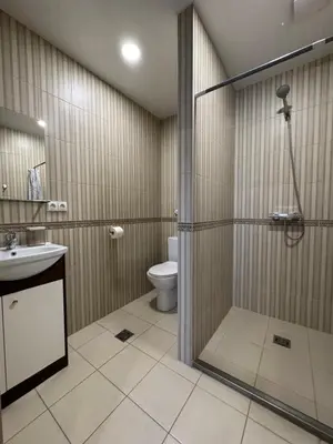 a bathroom with a shower with a toilet and a sink at Grey apartments 