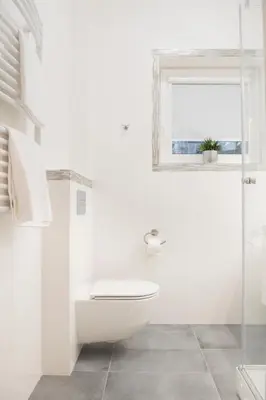 a white bathroom with a toilet and a window at Green Hill Apartments in Kaunas