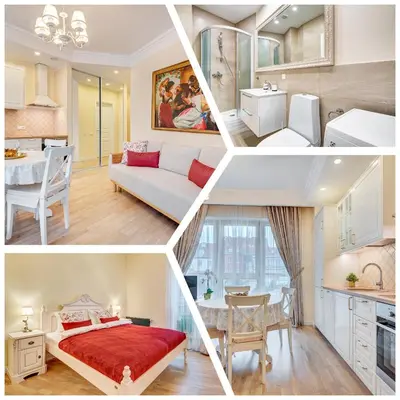 a collage of four pictures of a room at HaPPy Inn Classical style, self check-in, Parking in the underground garage in Vilnius