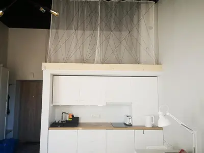 a kitchen with white cabinets and a ceiling at Botanical Garden Studio in Kaunas