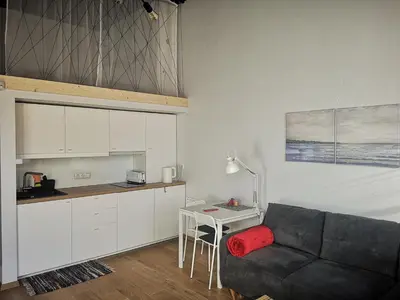 a living room with a couch and a table at Botanical Garden Studio in Kaunas