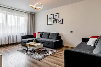 a living room with a couch and a table at Scandinavian inspired design in Vilnius