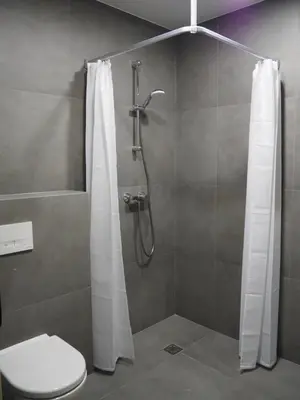 a bathroom with a shower with a toilet and a shower curtain at Svečių namai Žara in Tytuvėnai