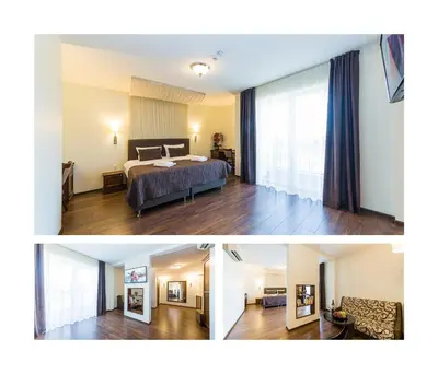 two pictures of a bedroom and a living room at Motel Panorama in Šiauliai