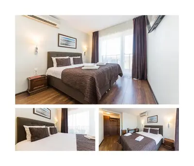 two pictures of a hotel room with a bed and a couch at Motel Panorama in Šiauliai