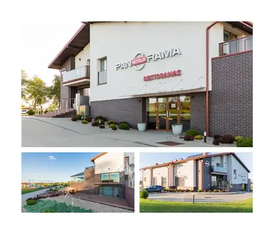 a collage of two pictures of a building at Motel Panorama in Šiauliai