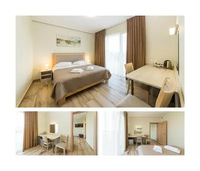 two pictures of a bedroom with a bed and a table at Motel Panorama in Šiauliai