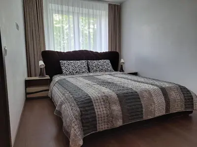 a bedroom with a large bed and a window at Trumpalaikė nuoma centre in Šiauliai