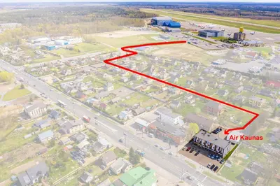an aerial view of a city with a red rectangle at Air Kaunas in Karmėlava