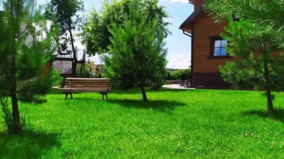 a park bench sitting in the grass near a house at 