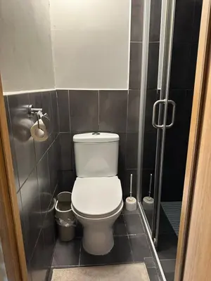 a bathroom with a white toilet in a stall at Gediminas apartment in Kaunas