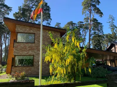 a flag on a pole in front of a house at Kulautuva Rest Home Large Space in Kulautuva