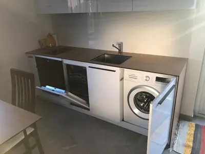 a kitchen with a washing machine and a sink at Villa Ievyne 2 in Paežeriai