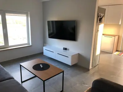 a living room with a couch and a tv on a wall at Villa Ievyne 2 in Paežeriai