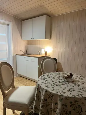 a kitchen with a table and two chairs and a kitchen with a table at Walnut House in Kulautuva