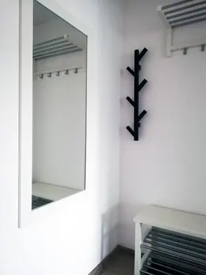 a mirror hanging on a wall next to a shelf at DaGys apartments in Druskininkai