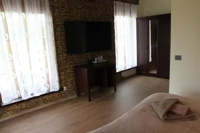 a bedroom with a television and a brick wall at Vila Romnesa in Ignalina