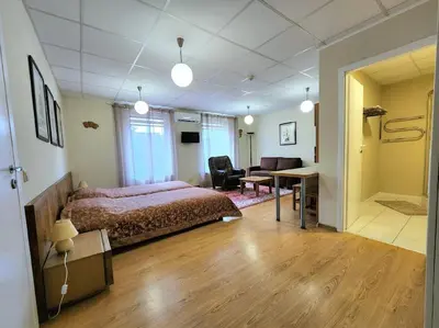 a bedroom with a bed and a desk in a room at Solo studio in Birštonas
