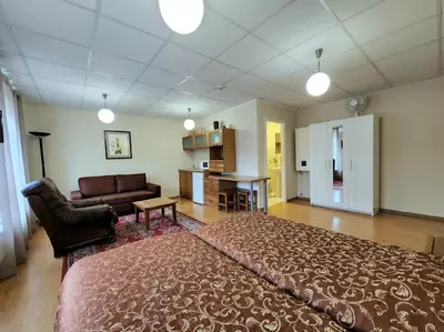a living room with a large bed and a couch at Solo studio in Birštonas