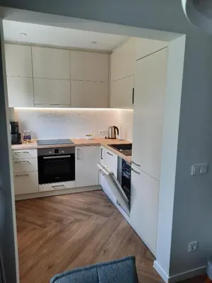 a small kitchen with white cabinets and a wooden floor at DanGinta in Druskininkai