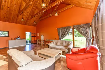a living room with orange walls and wooden ceilings at Spacious Loft in the Nature in Molėtai