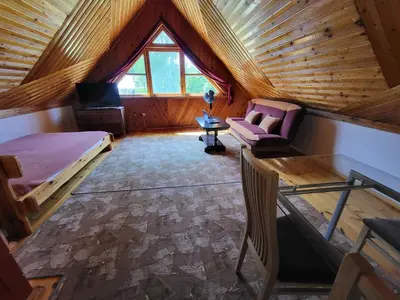 a attic room with a couch and a chair in a cabin at Sodyba - Antalieptės marios in Zarasai