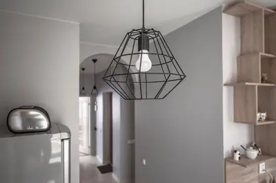 a black pendant light in a kitchen with a refrigerator at Valeri Aprtment in Kaunas
